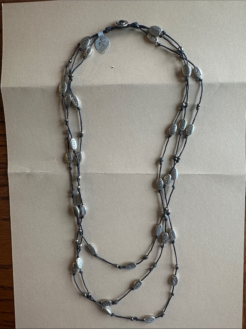Multi-Strand Black Cord Necklace with Inspiration Silver Beads. Hope Love Peace